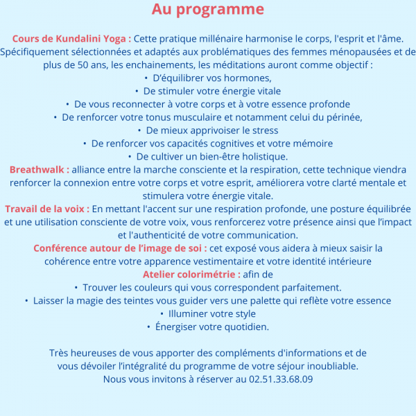 Se redécouvrir après 50 ans Séjour bien être et reconnexion à soi Bienvenue dans notre séjour bien-être et reconnexion à soi, dédié aux femmes de plus de 50 ans. Parce que le cap de la cinquantai (3)